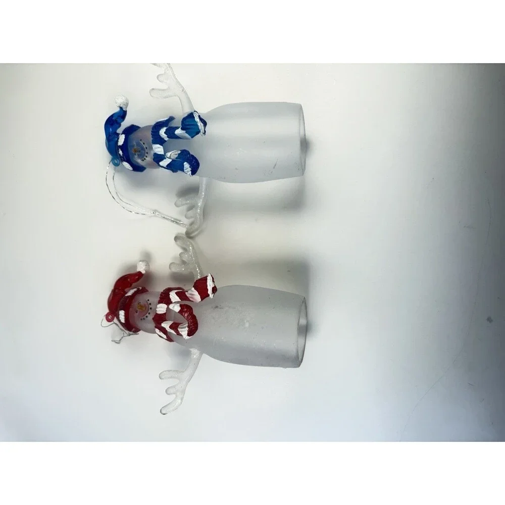 Vintage Frosted Glass Snowman Ornament Set Red Blue Hats Blown Glass Pair 4 ½”